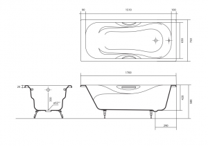 Ванна чугунная эмалированная Aquatek Гамма AQ8070FH-00 1700x750 в комплекте с 4-мя ножками и 2-мя ручками