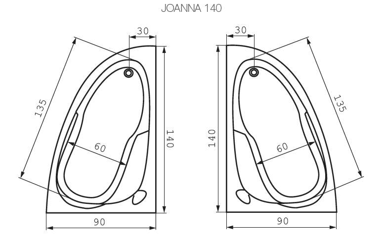 Ванна акриловая Joanna 140х90 (асимметричная правая)